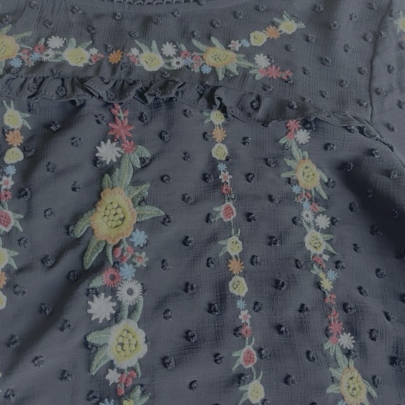 Sweet Grey Embroidered Chiffon Blouse Black Small Swiss Dots Stitch Fix Lined - Picture 2 of 9
